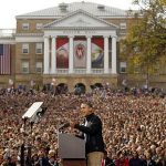 U.S. President Barack Obama speaks to an estimated crowd of 30,000 at a campaign rally in Madison, Wisconsin October 4, 2012. REUTERS/Kevin Lamarque
