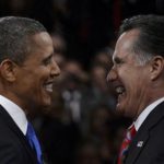 U.S. President Barack Obama (L) greets Republican presidential nominee Mitt Romney following the final U.S. presidential debate in Boca Raton, Florida October 22, 2012. REUTERS/Michael Reynolds/Pool