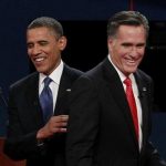 President Barack Obama (L) and Republican presidential nominee Mitt Romney share a laugh at the end of the first presidential debate in Denver October 3, 2012. REUTERS/Jason Reed