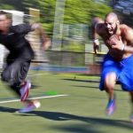 Jyles Tucker (R) and Legedu Naanee run sprints during workouts with other NFL hopefuls at the Bommarito Performance Systems facility in North Miami Beach, Florida October 4, 2012. REUTERS/Joe Skipper