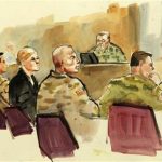 This photograph of a courtroom sketch by artist Lois Silver shows U.S. Army soldier Staff Sgt. Robert Bales, (2nd R) and his defense attorneys Emma Scanlan (2nd L) and Maj. Gregory Malson (L) at the start of the military Article-32 Investigation, a U.S. Courts Martial pre-trial proceeding, at Joint Base Lewis-McChord in Washington November 5, 2012. REUTERS/Anthony Bolante