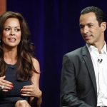 Host Brooke Burke-Charvet, of the upcoming reality series "Dancing with the Stars: All Stars" and cast member Helio Castroneves speak during a panel discussion at the Disney-ABC Television Group portion of the Television Critics Association Summer press tour in Beverly Hills, California July 27, 2012. REUTERS/Fred Prouser