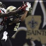 New Orleans Saints cornerback Corey White (24) intercepts a pass away from Atlanta Falcons wide receiver Drew Davis (19) during the second half of their NFL football game in New Orleans, Louisiana November 11, 2012. REUTERS/Sean Gardner