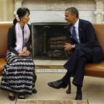 U.S. President Barack Obama speaks with Myanmar opposition leader Aung San Suu Kyi during their meeting in the Oval Office of the White House in Washington September 19, 2012. REUTERS/Kevin Lamarque