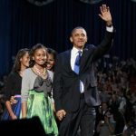 REFILING CORRECTING DATE U.S. President Barack Obama and his family walk onstage during his election night victory rally in Chicago, November 7, 2012. (L-R) Daughters Malia, Sasha, First lady Michelle Obama and the President. REUTERS/Jason Reed