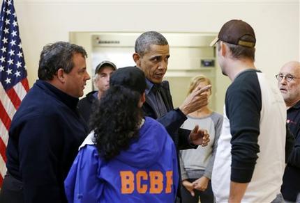 Barack Obama, Chris Christie President Barack Obama, accompanied by New Jersey Gov. Chris Christie meets with local residents at the Brigantine Beach Community Center in Brigantine, NJ., Wednesday, Oct. 31, 2012. Obama traveled to Atlantic Coast to see first-hand the relief efforts after Superstorm Sandy damage the Atlantic Coast. (AP Photo/Pablo Martinez Monsivais)