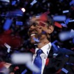 U.S. President Barack Obama celebrates on stage as confetti falls after his victory speech during his election rally in Chicago, November 6, 2012. REUTERS/Kevin Lamarque (UNITED STATES - Tags: POLITICS ELECTIONS USA PRESIDENTIAL ELECTION)