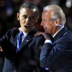 U.S. President Barack Obama gestures with Vice President Joe Biden after his election night victory speech in Chicago, November 6, 2012. REUTERS/Larry Downing (UNITED STATES - Tags: POLITICS TPX IMAGES OF THE DAY USA PRESIDENTIAL ELECTION ELECTIONS)