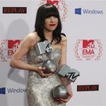 Canadian singer Carly Rae Jepsen poses with her Best Song and Best Push awards backstage at the MTV European Music Awards 2012 show at the Festhalle in Frankfurt November 11, 2012. REUTERS/Lisi Niesner