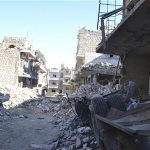 Buildings damaged after a Syrian Air Force fighter jet loyal to Syria's President Bashar al-Assad fired missiles at Marat al-Numan near the northern province of Idlib November 13, 2012. Picture taken November 13, 2012. REUTERS/Zakwan Hadeed/Shaam News Network/Handout