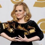 FILE - In this Feb. 12, 2012 file photo, Adele poses backstage with her six awards at the 54th annual Grammy Awards in Los Angeles. Adele won awards for best pop solo performance for "Someone Like You," song of the year, record of the year, and best short form music video for "Rolling in the Deep," and album of the year and best pop vocal album for "21." Adele rolled so deep in 2012 that shes been voted The Associated Press Entertainer of the Year. (AP Photo/Mark J. Terrill, File)