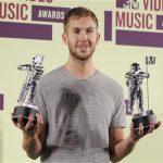 DJ Calvin Harris poses backstage with statuettes after winning the award for "Best Electronic Dance Music Video " at the 2012 MTV Video Music Awards in Los Angeles, September 6, 2012. REUTERS/Danny Moloshok