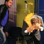 Magician's FACE set on fire when TV host rubs flaming liquid on him