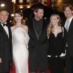 Actors Russell Crowe, Anne Hathaway, Hugh Jackman, Amanda Seyfried and director Tom Hooper (L-R) pose for photographers as they arrive for the world premiere of "Les Miserables" in London December 5, 2012. REUTERS/Suzanne Plunkett