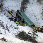 Emergency personnel respond to the scene of a multiple-fatality accident where a tour bus careened through a guardrail along an icy highway and several hundred feet down a steep embankment, authorities said, Sunday, Dec. 30, 2012 about 15 miles east of Pendleton, Ore. The charter bus carrying about 40 people lost control around 10:30 a.m. on the snow- and ice-covered lanes of Interstate 84, according to the Oregon State Police. (AP Photo/East Oregonian, Tim Trainor)