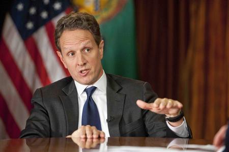 U.S. Treasury Secretary Geithner gestures as he is interviewed in Washington for "Face the Nation" U.S. Treasury Secretary Tim Geithner gestures as he is interviewed by Bob Schieffer (not pictured) in Washington, on November 30, 2012 for the December 2, 2012 edition of "Face the Nation" in this CBS handout. REUTERS/Chris Usher/CBS News/Handout
