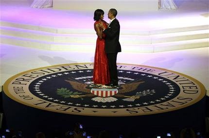 President Barack Obama and first lady Michelle Obama share a dance during the Commander-In-Chief Inaugural ball at the Washington Convention Center during the 57th Presidential Inauguration Monday, Jan. 21, 2013, in Washington.  (AP Photo/ Evan Vucci)