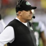 New York Jets head coach Rex Ryan reacts after quarterback Mark Sanchez fumbled and New England Patriots' Steve Gregory returned it for a touchdown during the first half of an NFL football game on Thursday, Nov. 22, 2012, in East Rutherford, N.J. (AP Photo/Bill Kostroun)