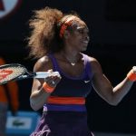 Serena Williams of the US reacts during her quarterfinal match against compatriot Sloane Stephens at the Australian Open tennis championship in Melbourne, Australia, Wednesday, Jan. 23, 2013. (AP Photo/Aaron Favila)