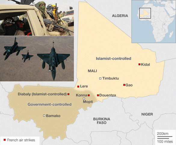 French forces have bombed rebel bases in Mali, where Islamist rebels have threatened to advance on the capital Bamako from their strongholds in the north. France said it had decided to act to stop the offensive, which could create "a terrorist state at the doorstep of France and Europe".