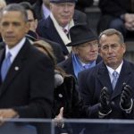 Speaker John Boehner of Ohio listen as President Barack Obama delivers his Inaugural address at the ceremonial swearing-in at the U.S. Capitol during the 57th Presidential Inauguration in Washington, Monday, Jan. 21, 2013. (AP Photo/Carolyn Kaster)
