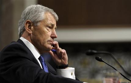 Republican Chuck Hagel, President Obama's choice for defense secretary, testifies before the Senate Armed Services Committee during his confirmation hearing, on Capitol Hill in Washington, Thursday, Jan. 31, 2013.  (AP Photo/Susan Walsh)