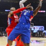 East Team's LeBron James of the Miami Heat is guarded by West Team's Kobe Bryant of the Los Angeles Lakers during the second half of the NBA All-Star basketball game Sunday, Feb. 17, 2013, in Houston. (AP Photo/Bob Donnan)