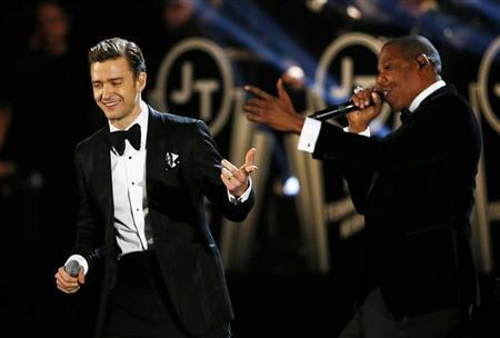 Justin Timberlake performs with Jay-Z (R) at the 55th annual Grammy Awards in Los Angeles, California, February 10, 2013. REUTERS/Mike Blake