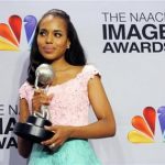 Kerry Washington poses backstage with the award for outstanding actress in a drama series for "Scandal" at the 44th Annual NAACP Image Awards at the Shrine Auditorium in Los Angeles on Friday, Feb. 1, 2013. (Photo by Chris Pizzello/Invision/AP)
