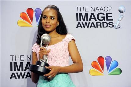 Kerry Washington poses backstage with the award for outstanding actress in a drama series for "Scandal"  at the 44th Annual NAACP Image Awards at the Shrine Auditorium in Los Angeles on Friday, Feb. 1, 2013. (Photo by Chris Pizzello/Invision/AP)