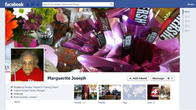 A screenshot of the Facebook page for Marguerite Joseph, a 104-yera-old Michigan woman who says the site won't allow her to enter her real birthdate -- the site only allows dates going back to 1928. (Marguerite Joseph / Facebook)