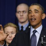 U.S. President Barack Obama talks against automatic budget cuts scheduled to take effect next week, while in the South Court Auditorium in the Eisenhower Executive Office Building in the White House complex in Washington February 19, 2013. REUTERS/Larry Downing