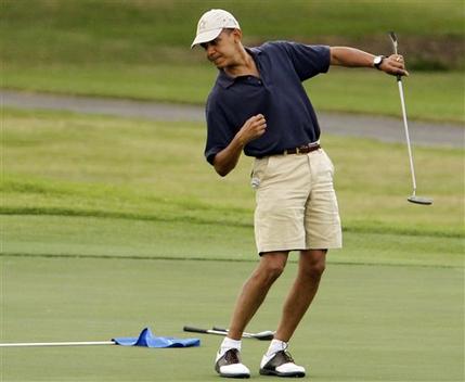 FILE - In this Dec. 31, 2009 file photo, President Barack Obama watches the ball after making a putt on the ninth green during his golf match at Mid-Pacific County Club in Kailua, Hawaii. Obama played golf Sunday, Feb. 17, 2013 with Tiger Woods, the White House said Sunday. Once the sport's dominant player before his career was sidetracked by scandal, Woods joined Obama at the Floridian, a secluded and exclusive yacht and golf club on Florida's Treasure Coast where Obama is spending the long Presidents Day weekend. The two had met before, but Sunday was the first time they played together. (AP Photo/Chris Carlson, File)