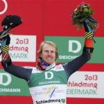 First placed Ted Ligety of the U.S. celebrates on the podium during the flower ceremony after the men's Giant Slalom race at the World Alpine Skiing Championships in Schladming February 15, 2013. REUTERS/Leonhard Foeger