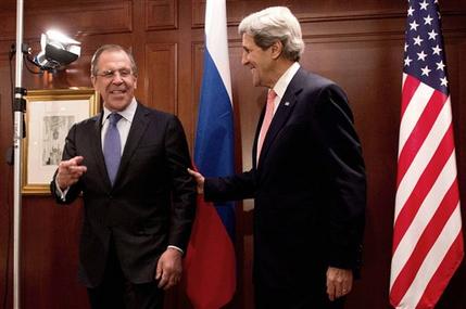 U.S. Secretary of State John Kerry, right,  meets with  Russian Foreign Minister Sergey Lavrov  in Berlin on Tuesday, Feb. 26, 2013. Berlin is the second stop in Kerrys first trip overseas as Secretary of State.  (AP Photo/dpa,Maurizio Gambarini)