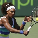 Serena Williams hits a backhand against Italy's Flavia Pennetta at the Sony Open tennis tournament in Key Biscayne, Florida March 21, 2012. REUTERS/Andrew Innerarity