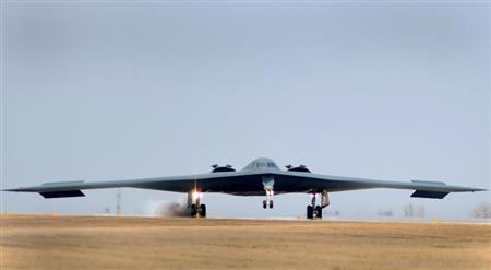 One of three Air Force Global Strike Command B-2 Spirit bombers returns to home base at Whiteman Air Force Base in Missouri, March 20, 2011 after striking targets in support of the international response which is enforcing a no-fly zone over Libya. REUTERS/Kenny Holston/U.S. Air Force photo/Handout