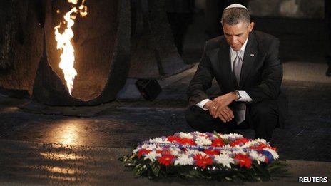 Wearing a kippah, Mr Obama laid a wreath near Yad Vashem's eternal flame