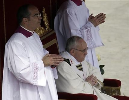 Pope Francis celebrates his installation Mass in St. Peter's Square at the Vatican, Tuesday, March 19, 2013. Pope Francis has urged princes, presidents, sheikhs and thousands of ordinary people gathered for his installation Mass to protect God's creation, the weakest and the poorest of the world. (AP Photo/Andrew Medichini)