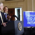 U.S. President Barack Obama is introduced by American physician-geneticist Francis Collins before his announcement of his administration's BRAIN (Brain Research through Advancing Innovative Neurotechnologies) initiative at the White House in Washington, April 2, 2013. REUTERS/Jason Reed