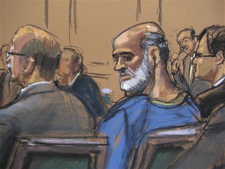 An artist sketch shows Suleiman Abu Ghaith, a son-in-law of Osama bin Laden and one of the highest-ranking al Qaeda figures to be brought to the United States to face a civilian trial, at a hearing in a Manhattan federal court in New York April 8, 2013. REUTERS/Jane Rosenberg