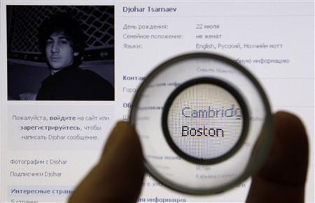 A photograph of Djohar Tsarnaev, who is believed to be Dzhokhar Tsarnaev, a suspect in the Boston Marathon bombing, is seen on his page of Russian social networking site Vkontakte (VK), as pictured on a monitor in St. Petersburg April 19, 2013. REUTERS/Alexander Demianchuk