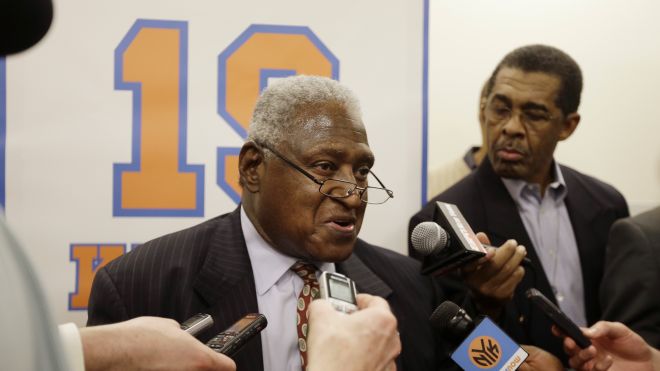 New York Knicks Hall-of-Famer Willis Reed responds to questions during an interview before an NBA basketball game between the Knicks and the Milwaukee Bucks, Friday, April 5, 2013, in New York. The Knicks will honor the 1972-73 world championship team in a halftime ceremony.(AP Photo/Frank Franklin II) (The Associated Press)