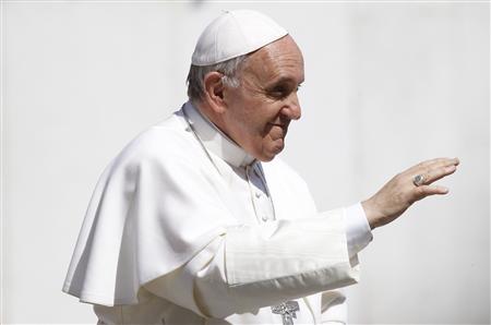 Pope Francis waves as he leads the weekly audience in Saint Peter's Square at the Vatican April 10, 2013. REUTERS/Giampiero Sposito