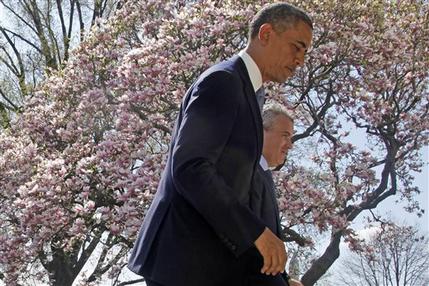 FILE - In this April 10, 2013 file photo President Barack Obama and acting Budget Director Jeffrey Zients leave the Rose Garden of the White House in Washington after the president discussed his proposed fiscal 2014 federal budget. Presidents like to take credit for economic recoveries, just as Obama is angling to do now. He and his allies in Congress have "walked the economy back from the brink," his new 2014 federal budget blueprint asserts. And Democrats hope these improvements, while still slow and uneven, will give them at least a small boost in 2014's midterm races. (AP Photo/Charles Dharapak, File)