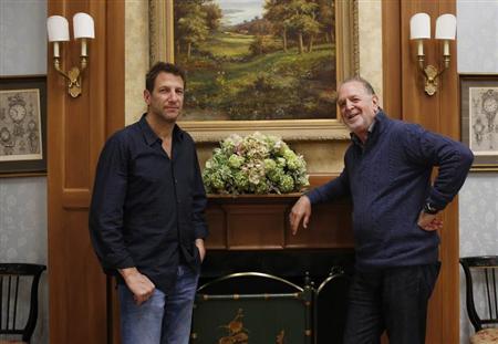 Producers (L to R) Rich Frank and Jef Kwantinetz pose on the set of soap opera "One Life to Live" in Stamford, Connecticut April 12, 2013. In a bold wager to revive canceled ABC soaps "All My Children" and "One Life to Live," two veteran Hollywood producers are taking the 40-year-old dramas online and remaking them for lifelong fans and a younger, internet-savvy audience. Starting April 29, new 30- minute episodes will appear each Monday through Thursday on the free, advertising-supported Hulu.com website and the paid monthly subscription service Hulu Plus. REUTERS/Shannon Stapleton