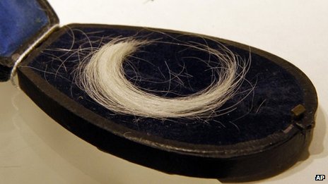 The lock of imperial white curled hair was kept in a blue velvet-lined box