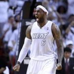 Miami Heat forward LeBron James reacts after dunking the ball in the fourth quarter as the Heat defeated the Milwaukee Bucks in their NBA first round Game 2 playoff basketball game in Miami, Florida April 23, 2013 file photo. REUTERS/Joe Skipper