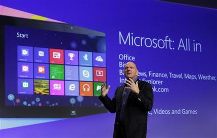FILE - Microsoft CEO Steve Ballmer gives his presentation at the launch of Microsoft Windows 8, in New York,  in this Oct. 25, 2012 file photo. Microsoft is retooling the latest version of its Windows operating system to address complaints and confusion that have been blamed for deepening a slump in personal computer sales. The tune up announced Tuesday May 7, 2013 won't be released to consumers and businesses until later this year.   (AP Photo/Richard Drew, File)