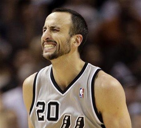 San Antonio Spurs' Manu Ginobili (20), of Argentina, reacts during the second half in Game 2 of the Western Conference finals NBA basketball playoff series against the Memphis Grizzlies, Tuesday, May 21, 2013, in San Antonio. (AP Photo/Eric Gay)